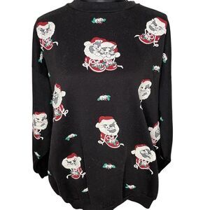 Santa Cat Puffy Sweater Ugly Christmas Crewneck Sweatshirt Black 2XL